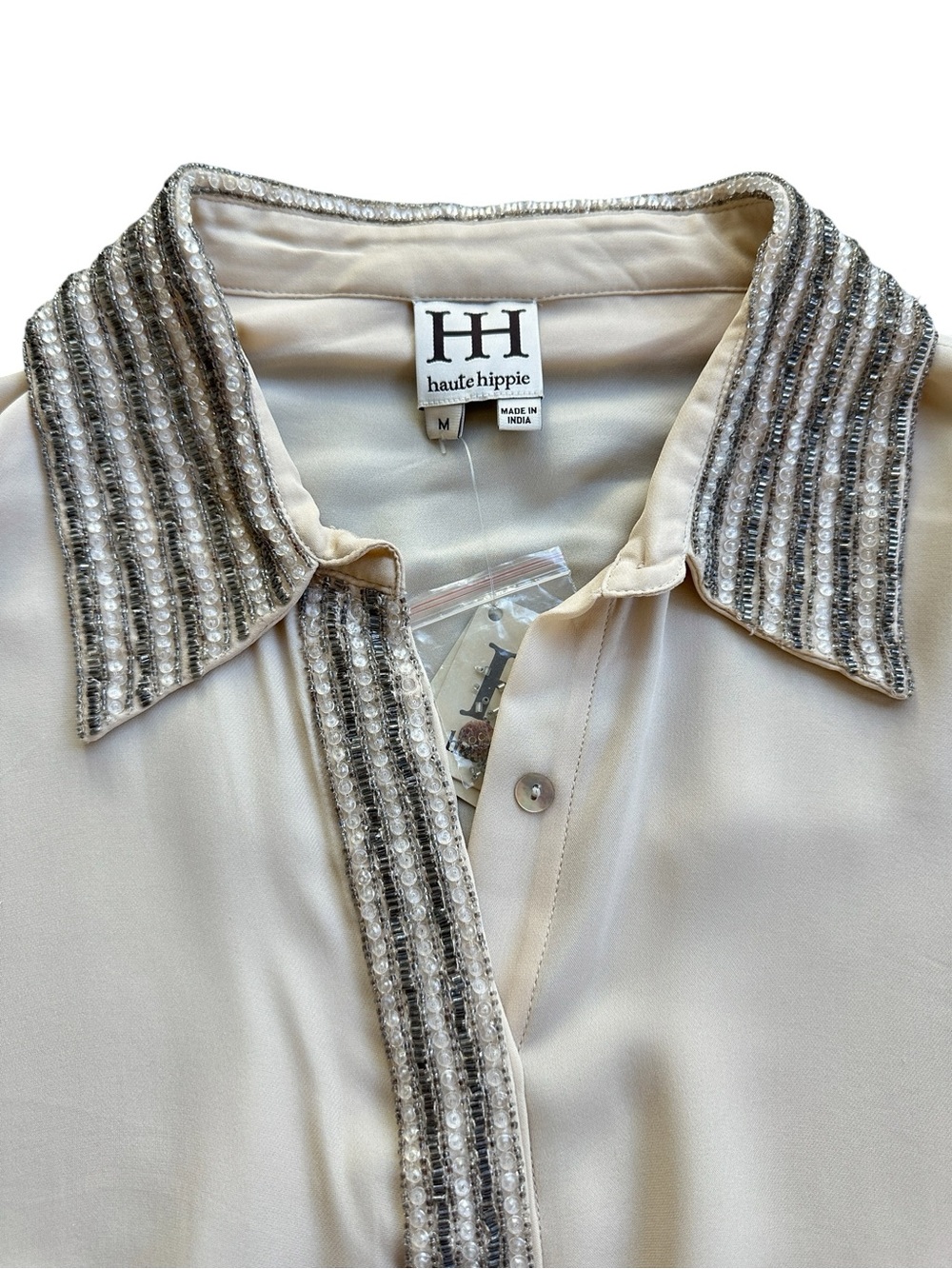 NWT Haute Hippie 100% Silk Beaded Button Front Blouse Champagne Ivory M - Picture 3 of 16